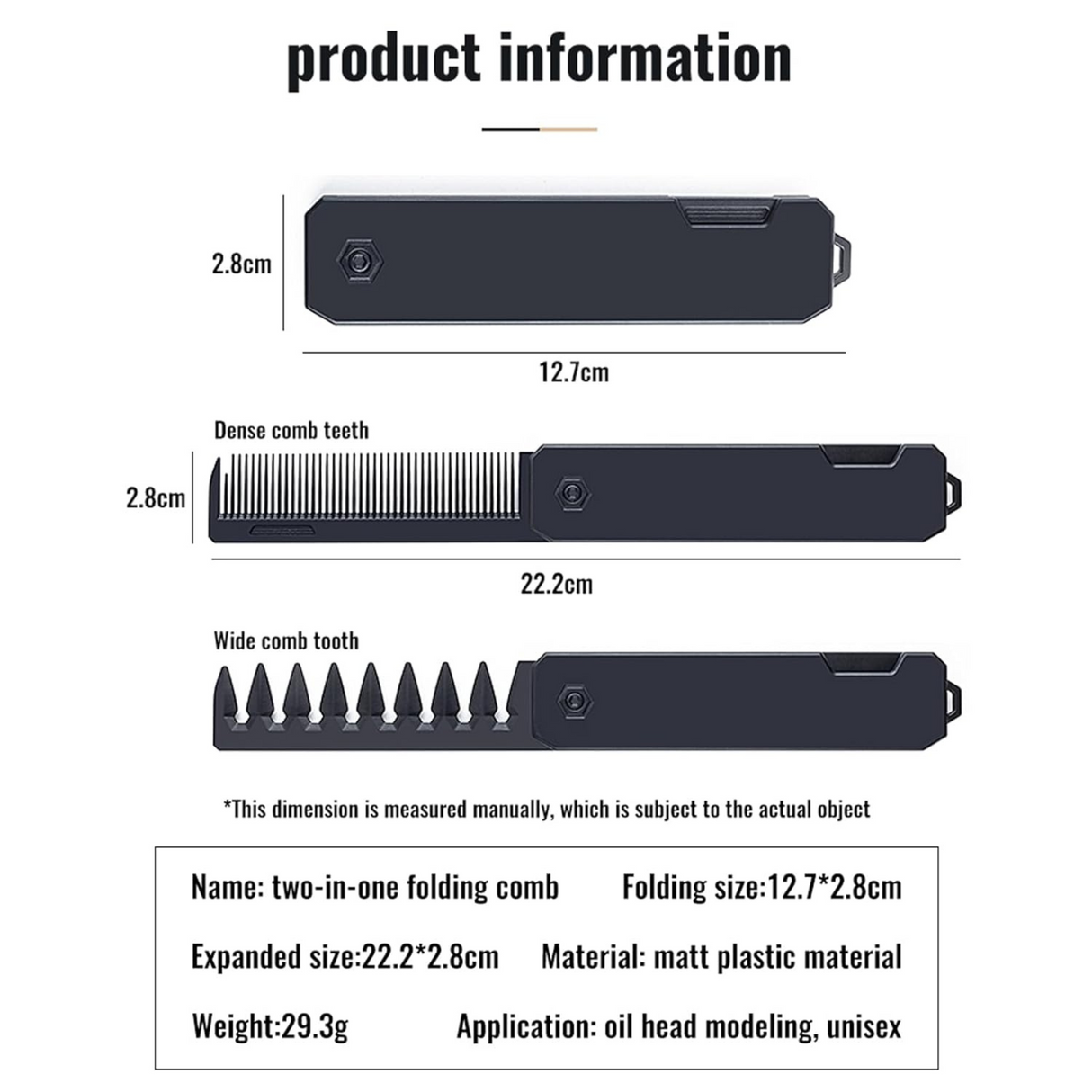 Folding Pocket 2 in 1 Hair Comb - (Black)