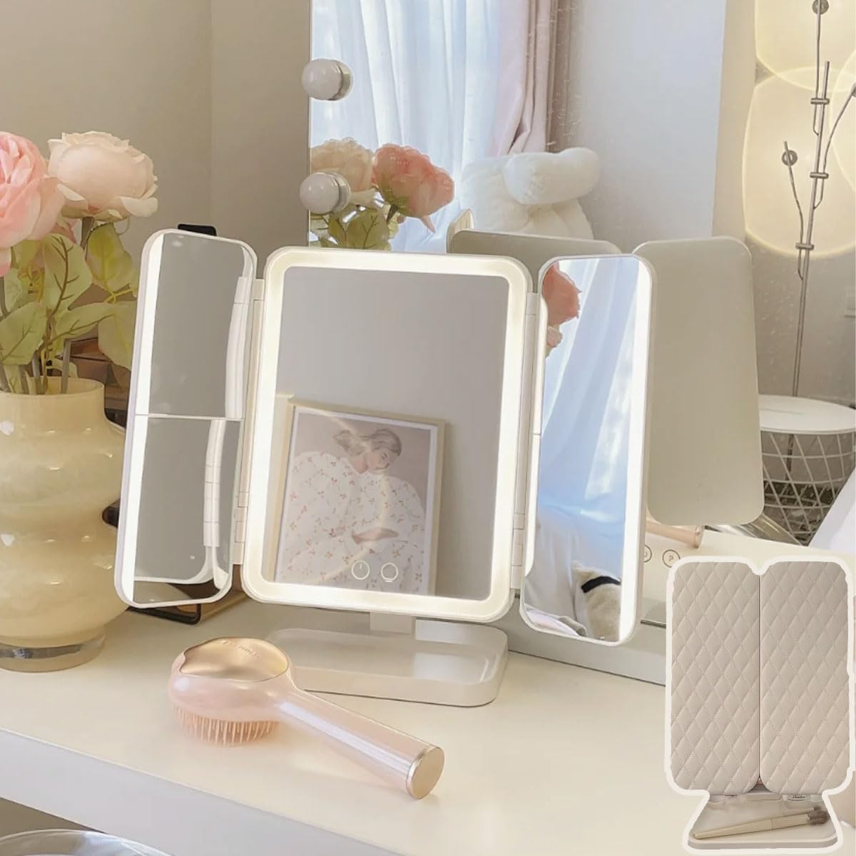 Tri-Fold Lighted Vanity Mirror with 21 LED Lights, Touch Screen and 3X/2X/1X Magnification