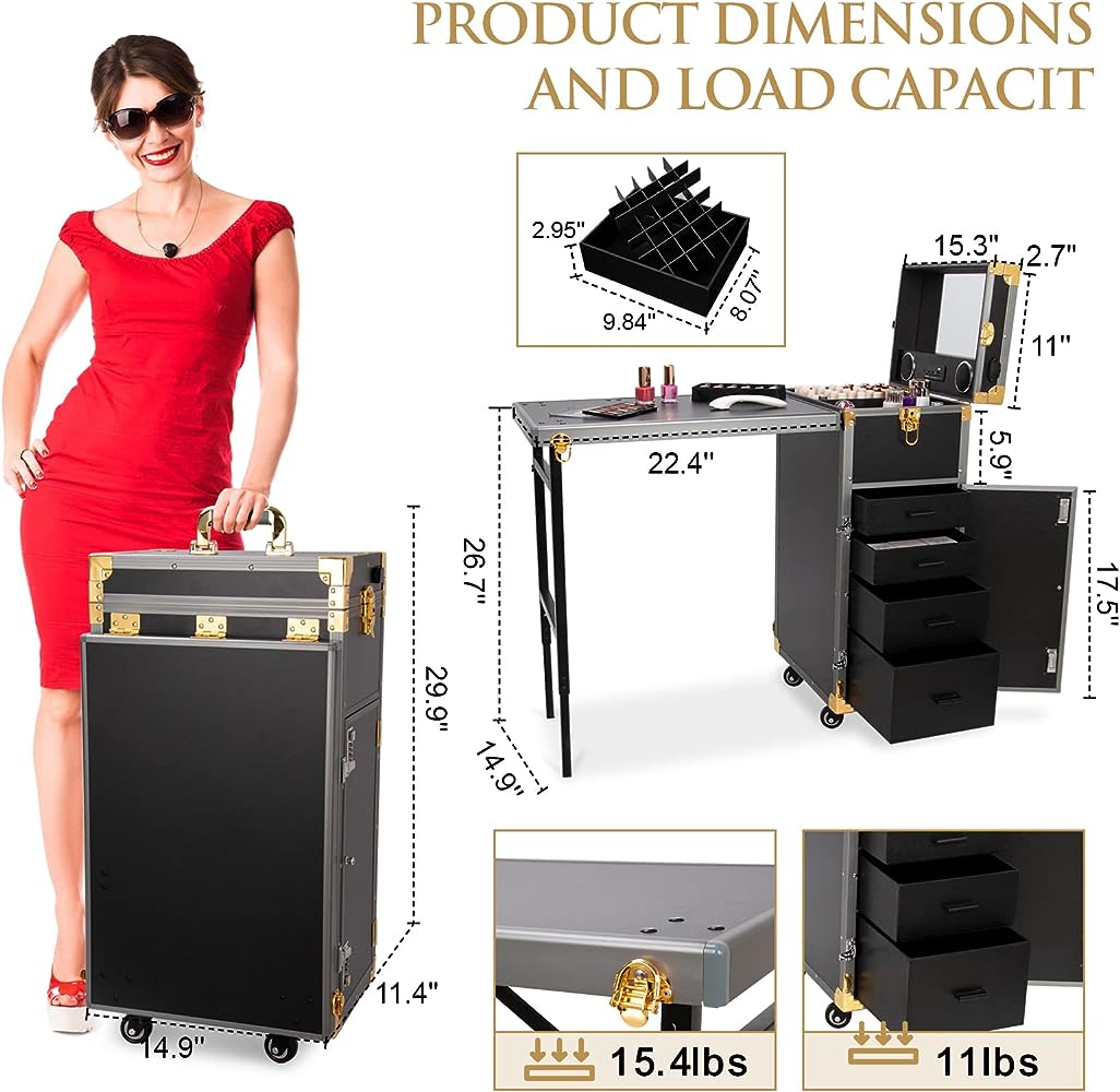 Rolling Makeup & Nail Trolley Case Station 2 in1 with Bluetooth and Speaker - Theresia Cosmetics - Makeup tools - Theresia Cosmetics