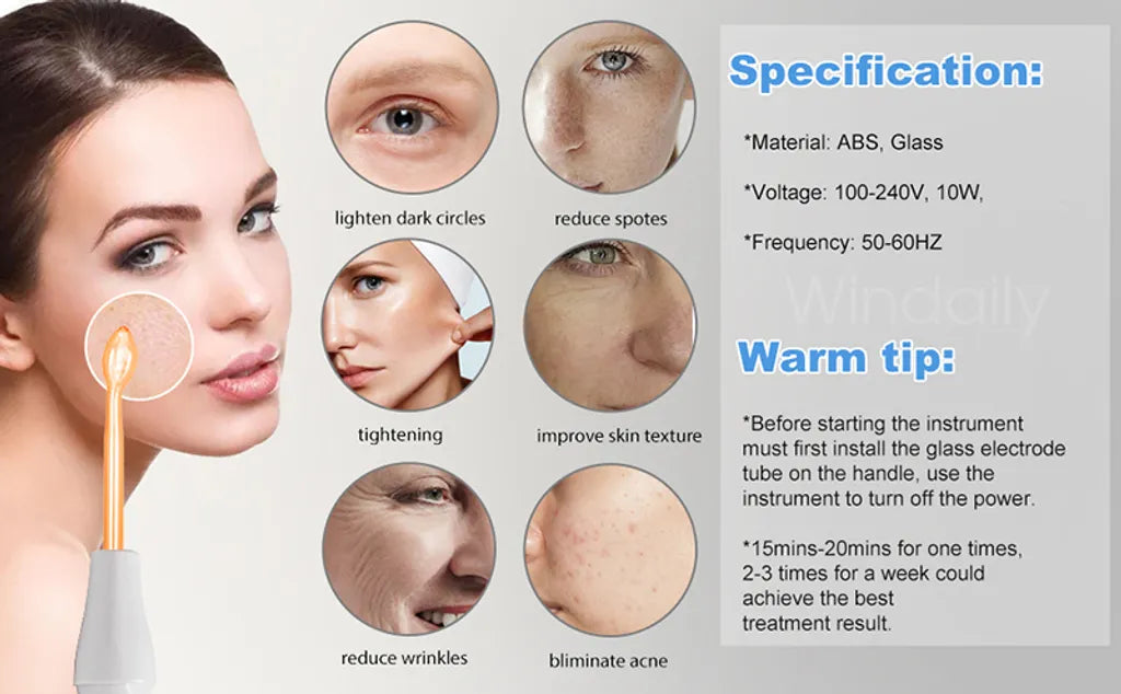 Portable High Frequency Instrument Facial Skin Electrode Wand Neon Electrotherapy Glass Tube Acne Spot Remover Handheld