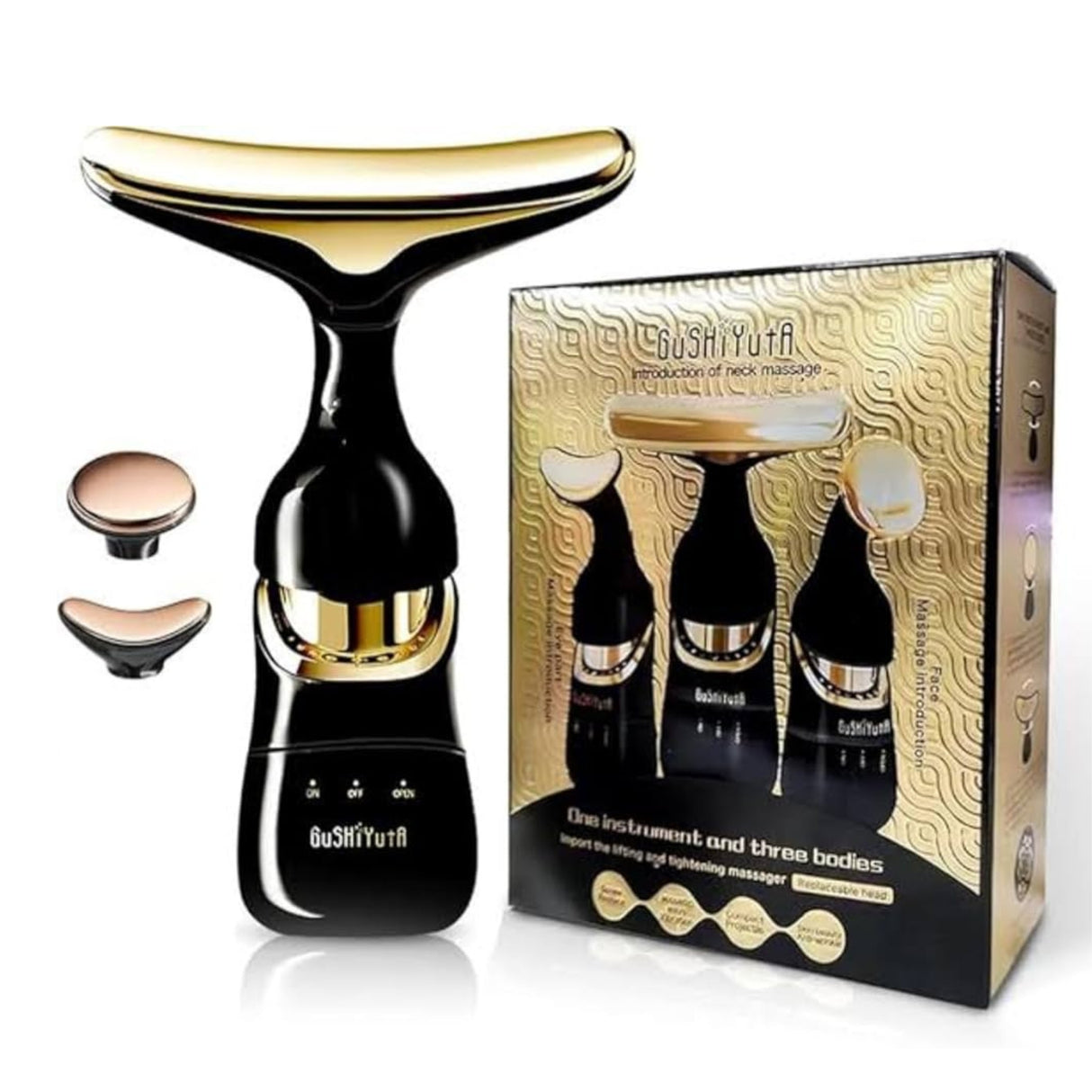 Gushiyuta Electric Facial Massager for Skin Care, 3-in-1 Face, Massager with Interchangeable Heads, Black and Gold