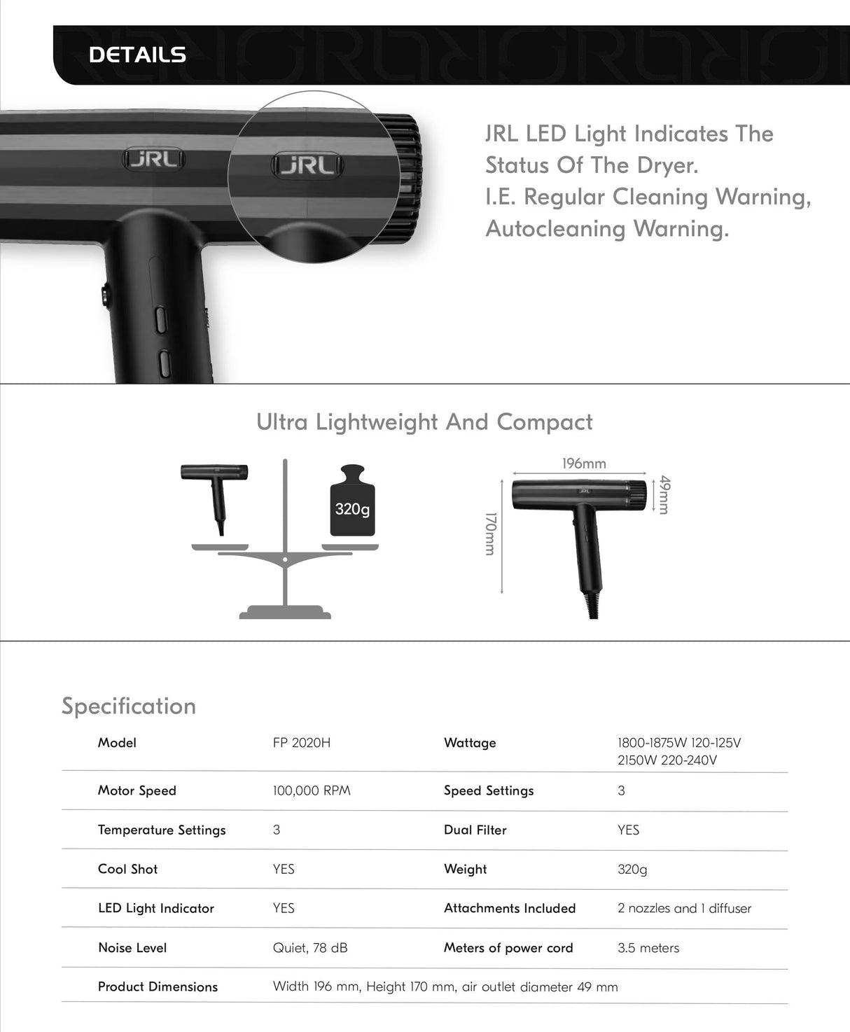 JRL Forte Pro Dryer - Black
