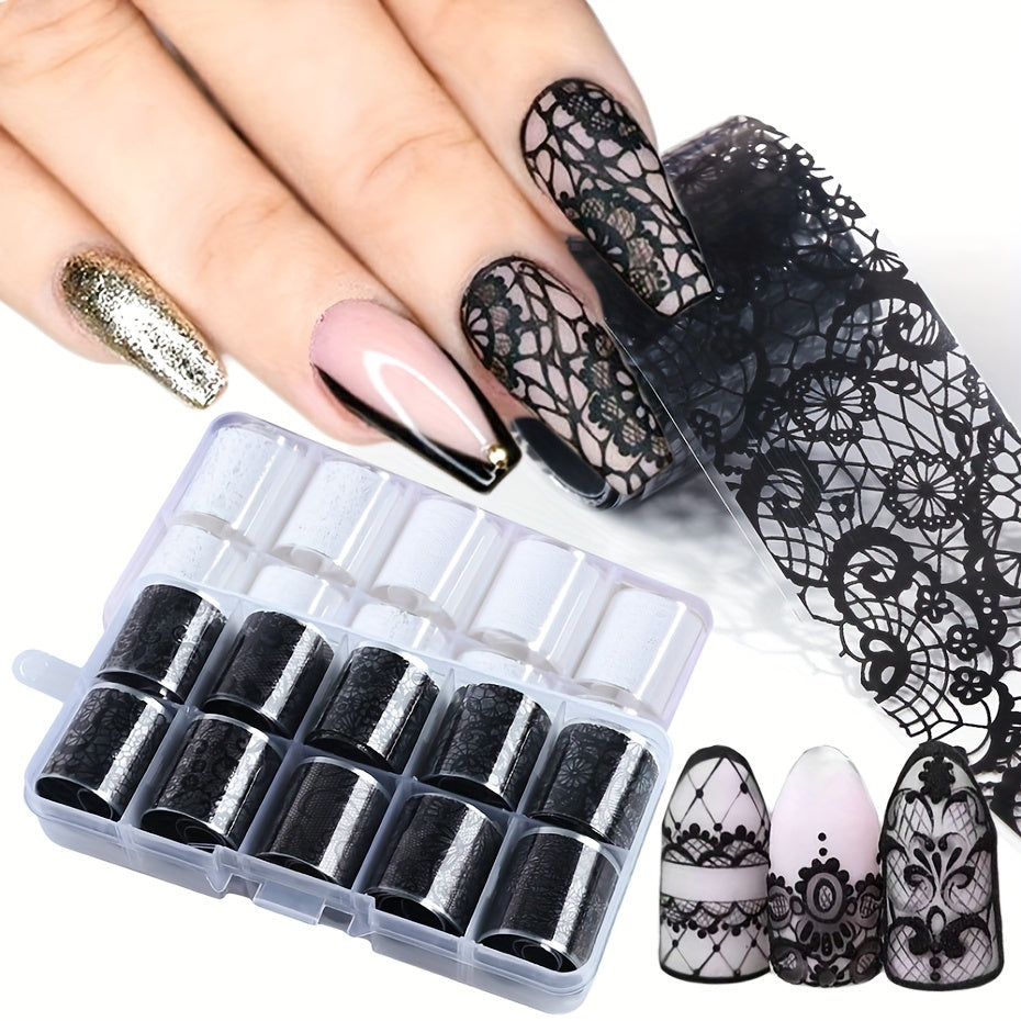10 Rolls Black and White Lace Flower Nail Foils
