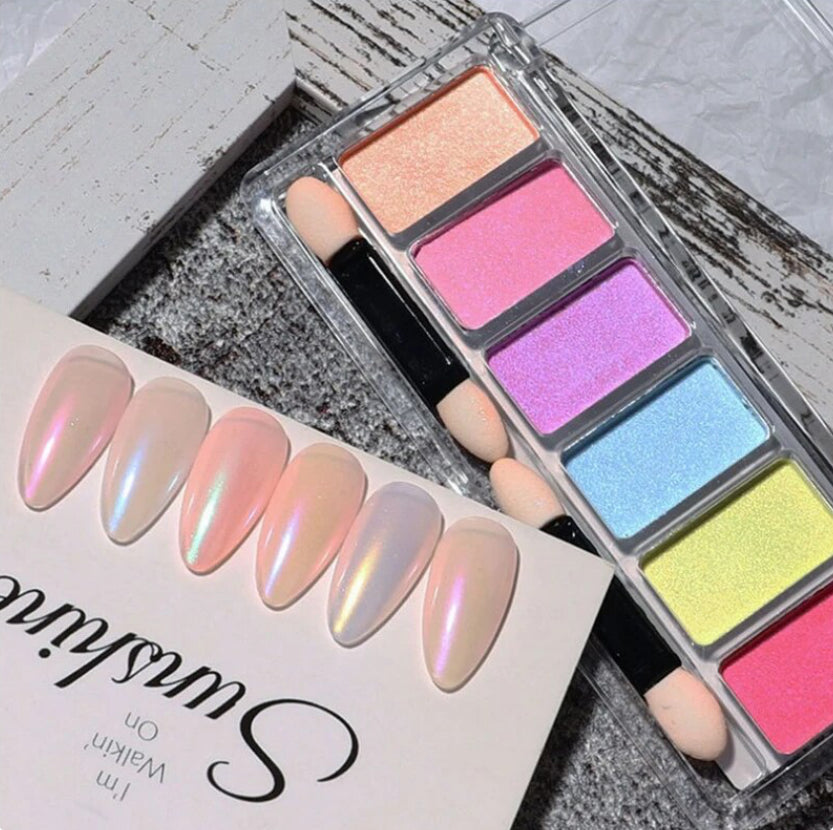 6in1 Solid Chrome Nail Powder Palette, Metallic Mirror Nail Art Rose Gold Purple Glossy Manicure Pigment Glitter Powders Palette - Theresia Cosmetics - nail art tool - Theresia Cosmetics