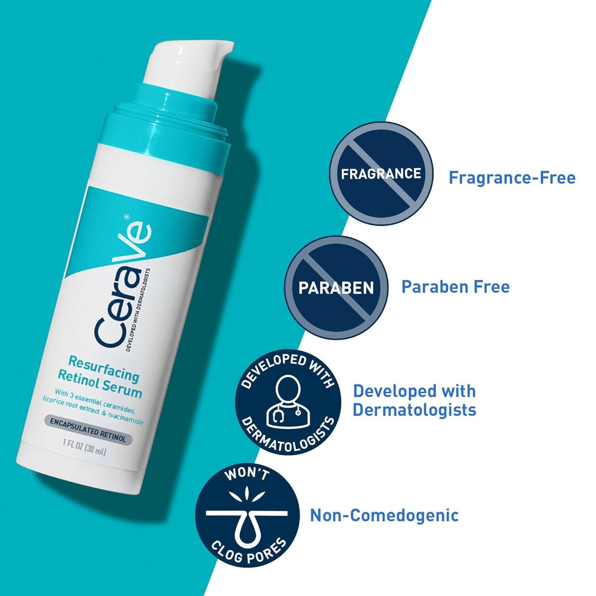 CeraVe Resurfacing Retinol Serum for Acne Marks & Pores – With Niacinamide & Licorice Root