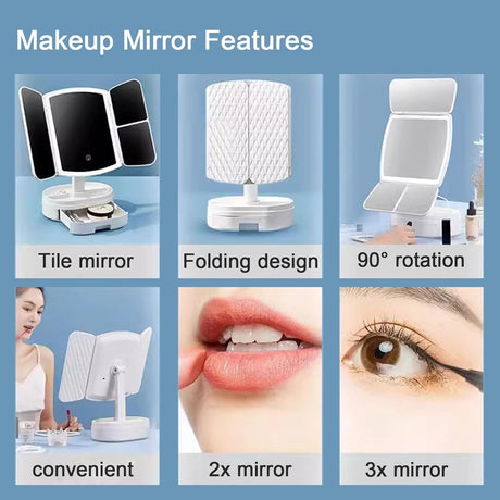Tri-Fold Lighted Vanity Mirror with 21 LED Lights, Touch Screen and 3X/2X/1X Magnification