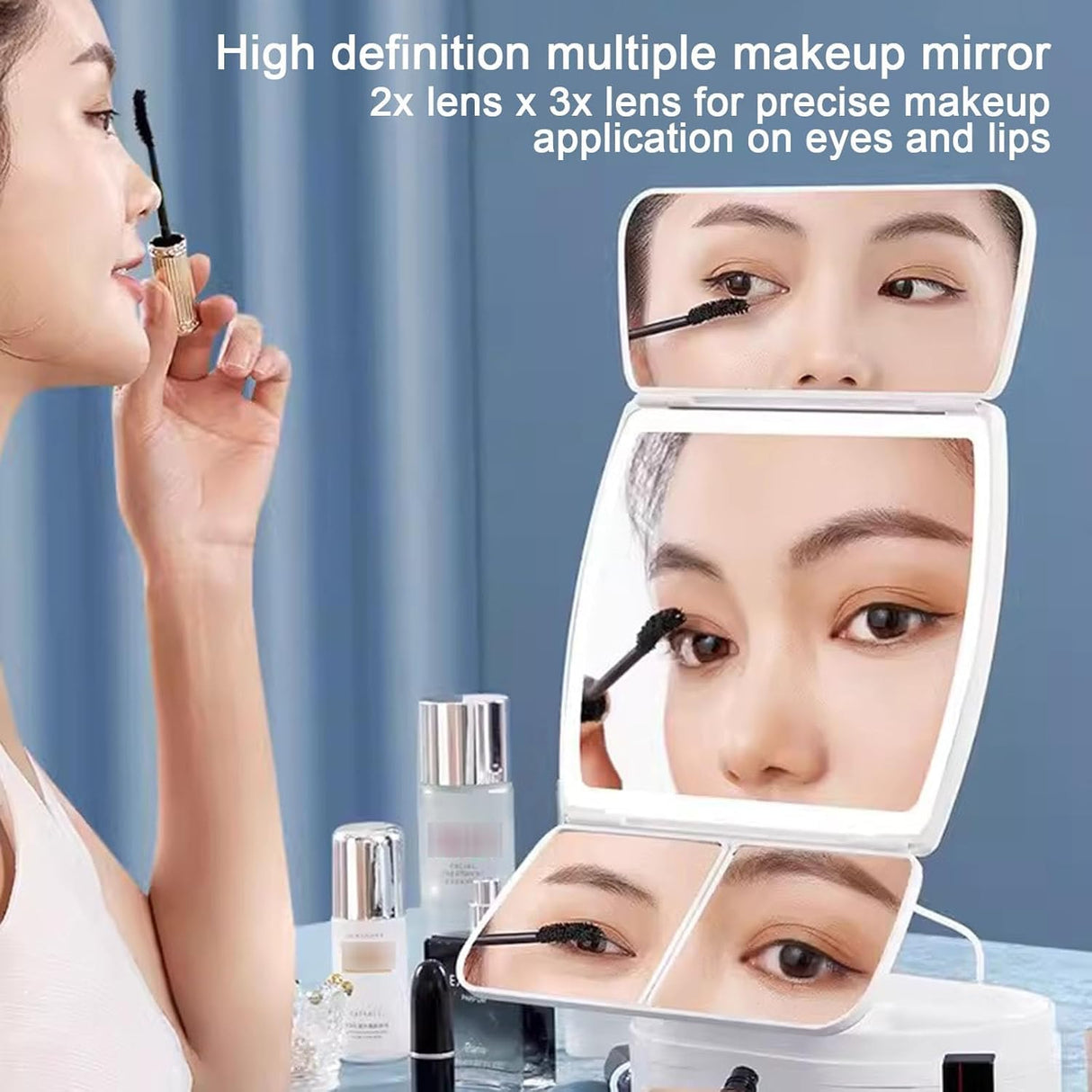 Tri-Fold Lighted Vanity Mirror with 21 LED Lights, Touch Screen and 3X/2X/1X Magnification