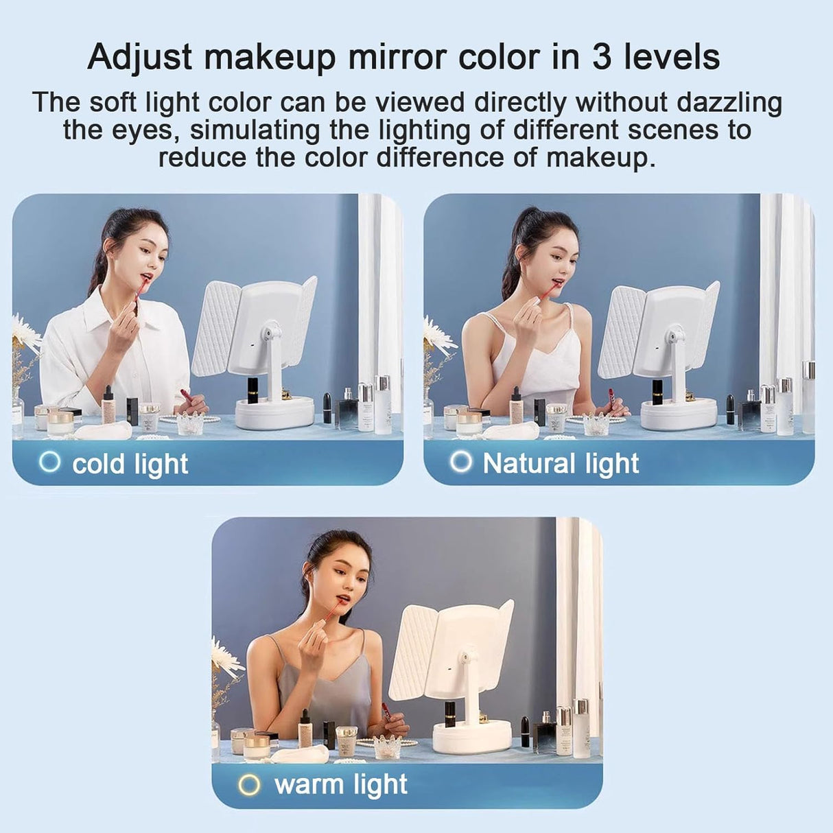 Tri-Fold Lighted Vanity Mirror with 21 LED Lights, Touch Screen and 3X/2X/1X Magnification