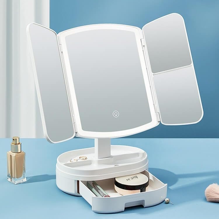 Tri-Fold Lighted Vanity Mirror with 21 LED Lights, Touch Screen and 3X/2X/1X Magnification