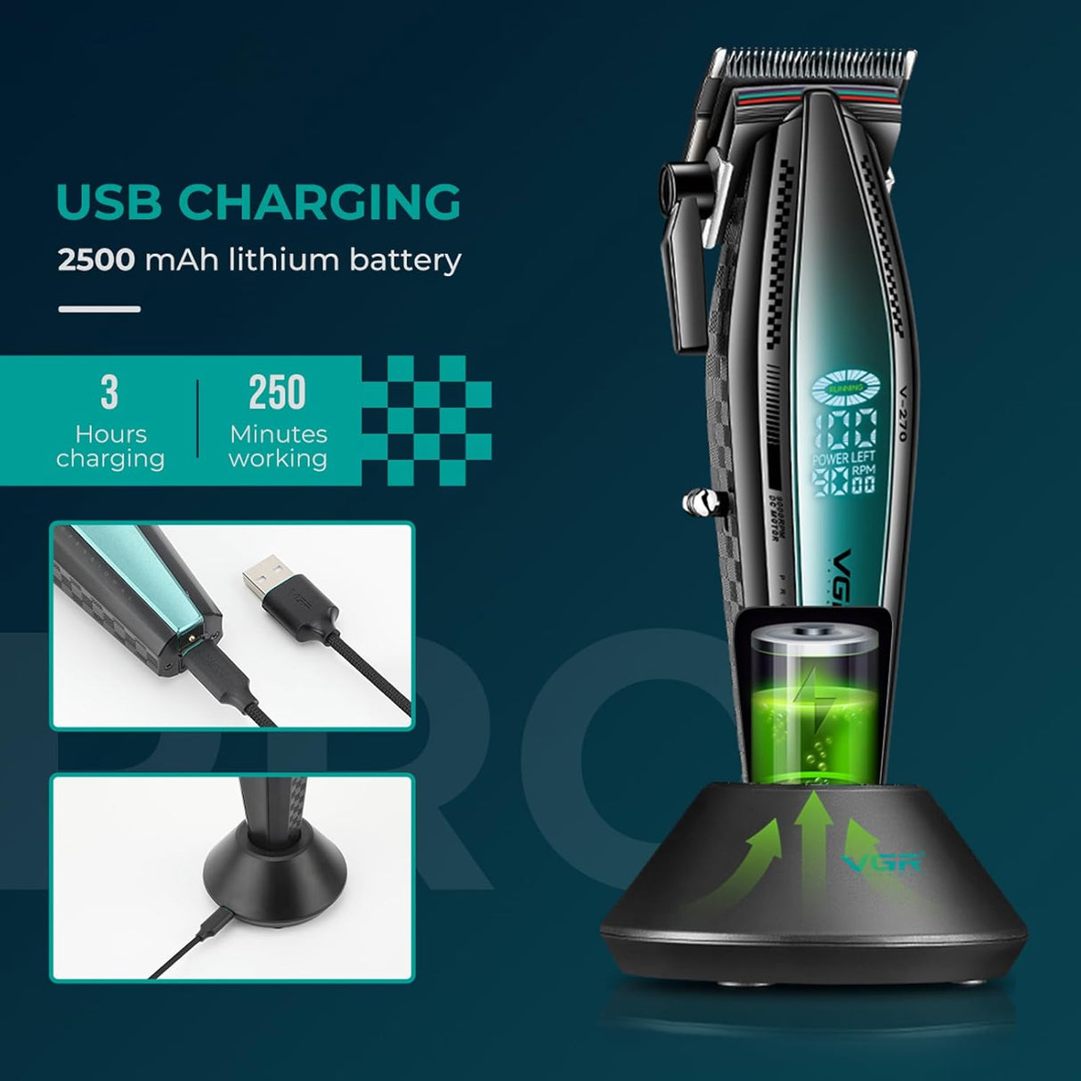 VGR 270 Hair Clippers Professional Cordless High Speed 9000 RPM
