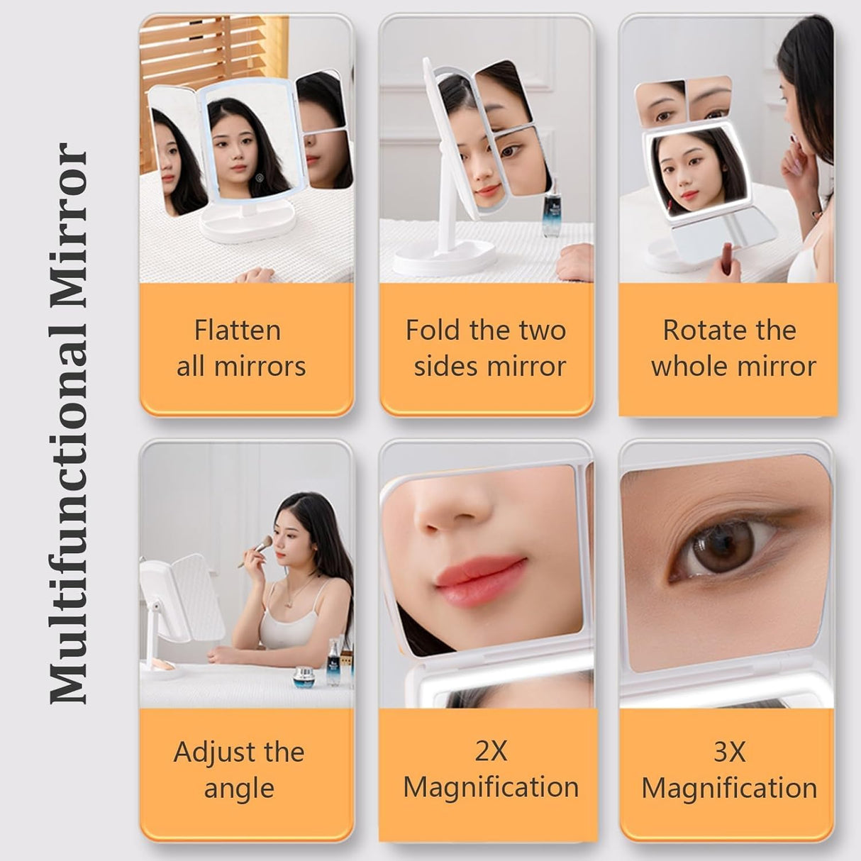 Tri-Fold Lighted Vanity Mirror with 21 LED Lights, Touch Screen and 3X/2X/1X Magnification