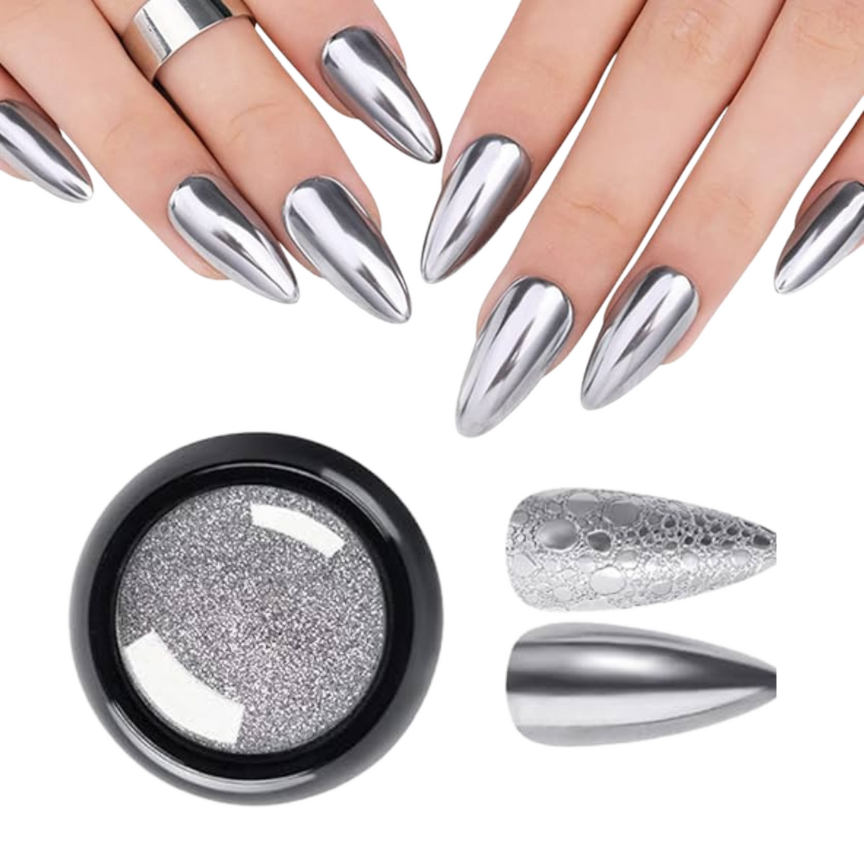 Chrome Nail Powder Kit: Metallic Silver Mirror Effect. - Theresia Cosmetics - nail art tool - Theresia Cosmetics