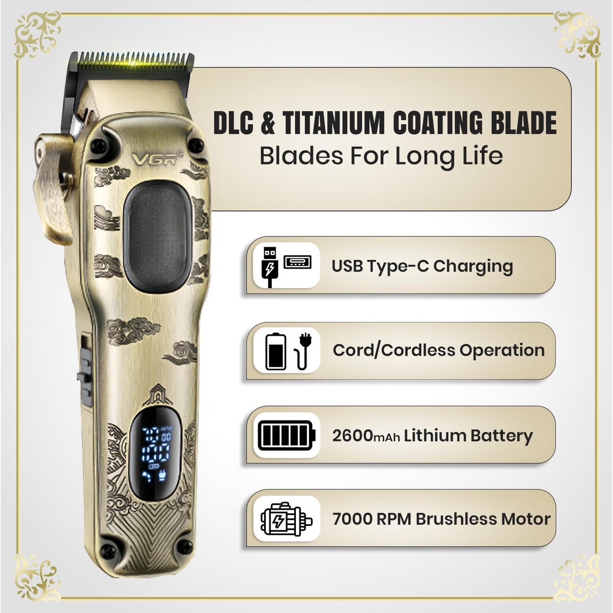 VGR V-027 Professional Hair Clipper, Salon Series with 7000 RPM Brushless Motor